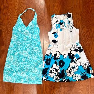 Lot of 2 sundresses halter Hawaiian print floral a-line skater tank dress beach
